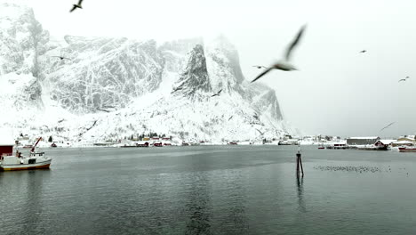 Majestic imposing snowy mountains next to Norwegian fishing village
