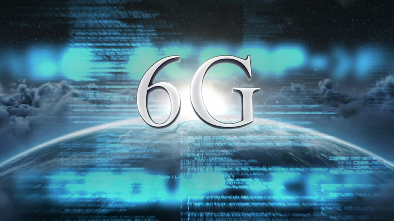 animación de texto de 6g sobre el globo y procesamiento de datos en fondo azul