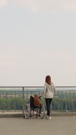 redhead woman and little girl with disability look at river and lush trees in park. mother and daughter in wheelchair on viewing platform backside view