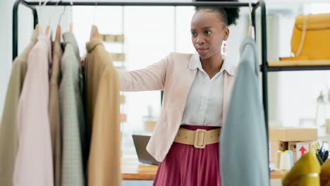 black woman, fashion and checking clothing rack