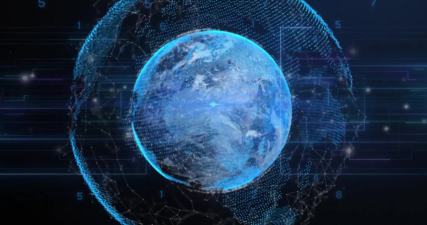 Stylized globe appearing and rotating while outer ring spinning and nodes pulsing showing data
