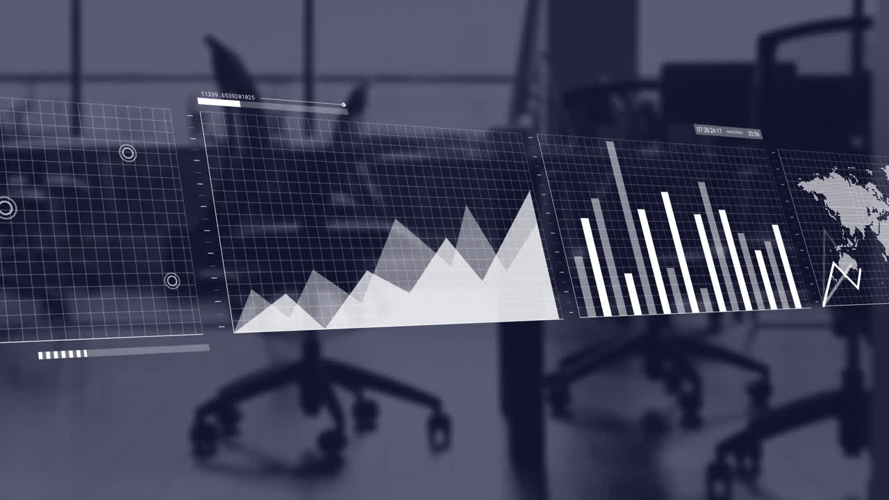 animazione dell'interfaccia con l'elaborazione dei dati statistici contro un ufficio vuoto