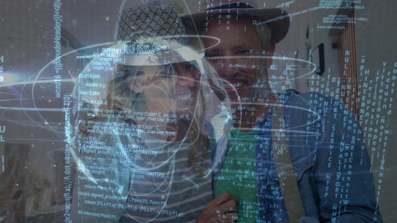 Animation of data processing with globe over caucasian couple