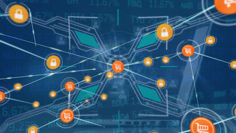 animation of network of connections with digital icons scope, laptop and data processing