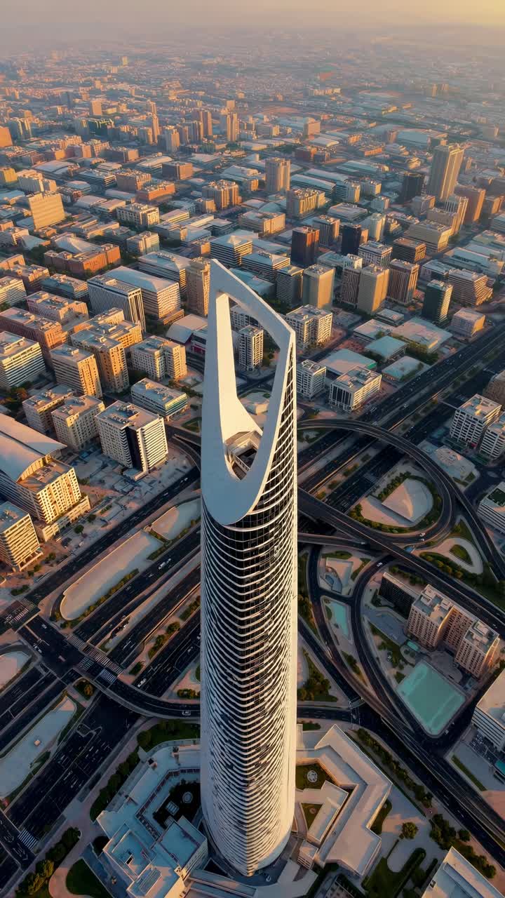 Aerial view of a modern skyscraper amidst a sprawling cityscape at sunset, capturing urban