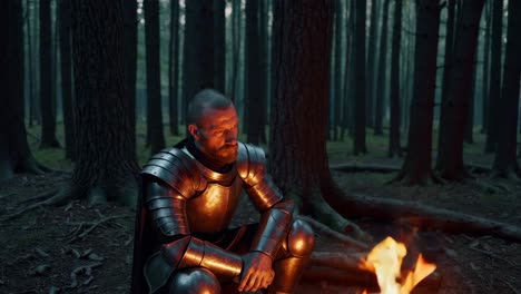 knight by the campfire in the forest