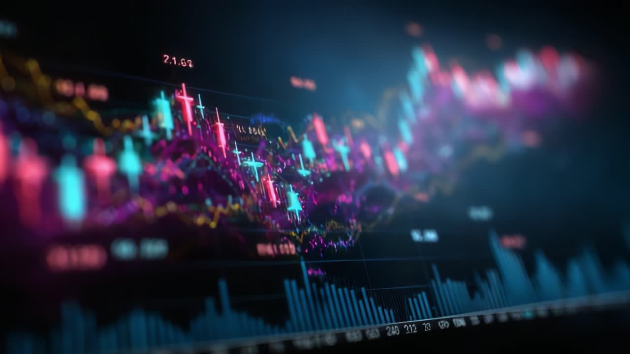 Visual Representation of Financial Data Trends with Colorful Candlestick Charts and Market Indicators in a Dynamic Trading Environment