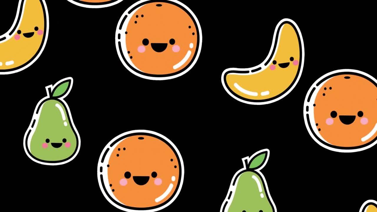 animación de frutas sonrientes que caen sobre un fondo negro