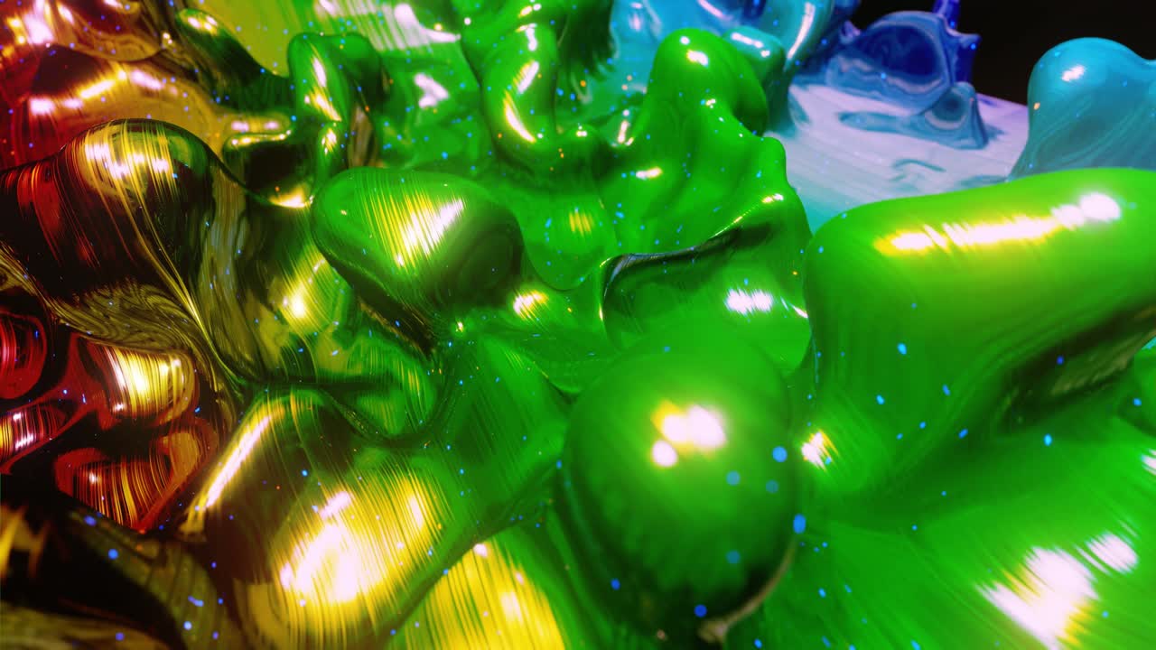 4k에서 액체 그라디언트 무지개 색의 부드러운 추상 애니메이션, 추상적인 루프 축제 배경으로 밝은 반이는 페인트 표면, 물방울처럼 표면에 3d 스플래시와 함께 점성 액체에 반이는.