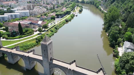 valentré medieval bridge, cahors town in france drone , aerial , view from air