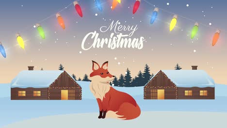 happy merry christmas lettering with fox and houses in snowscape