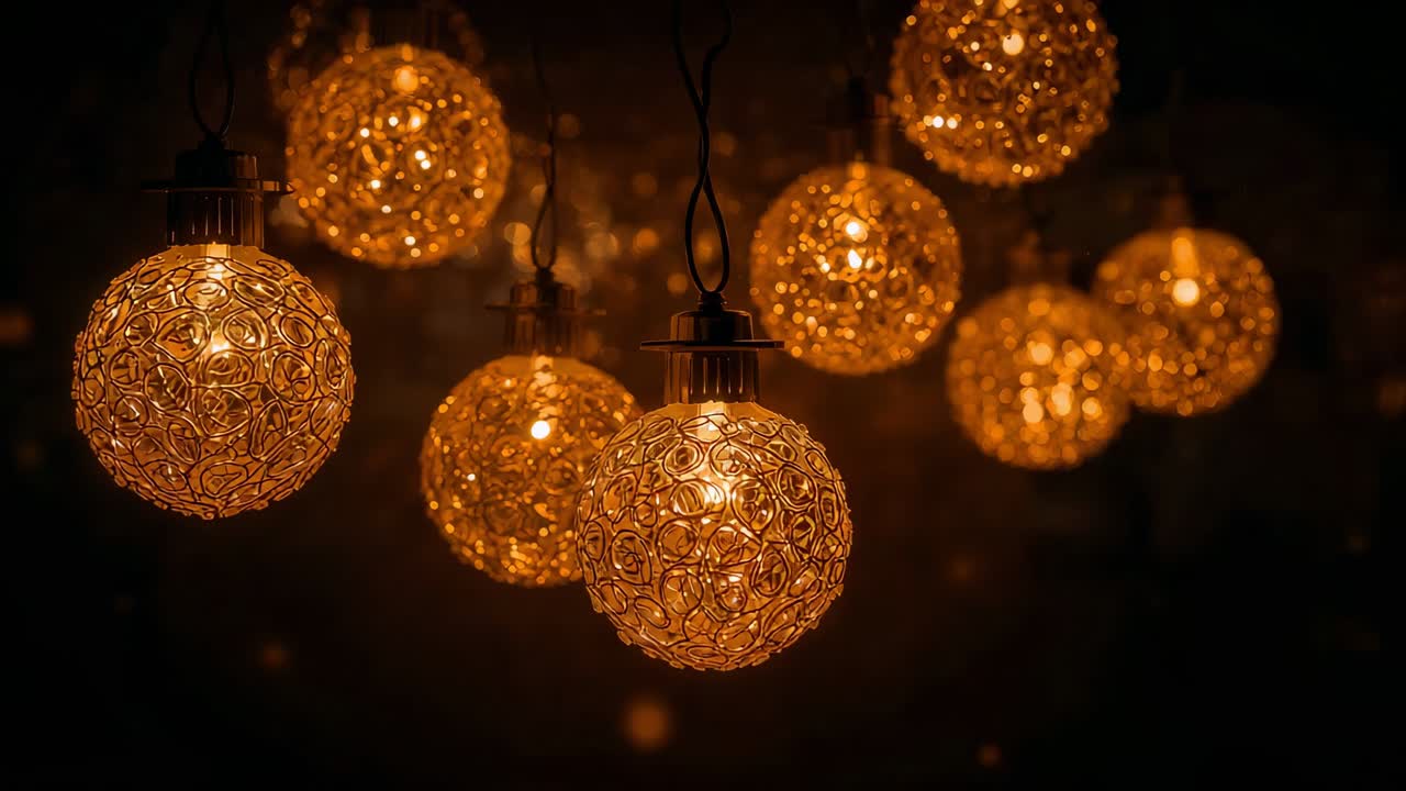 Camera pushing forward, revealing spherical pendants in dark lounge, showing lattice filaments