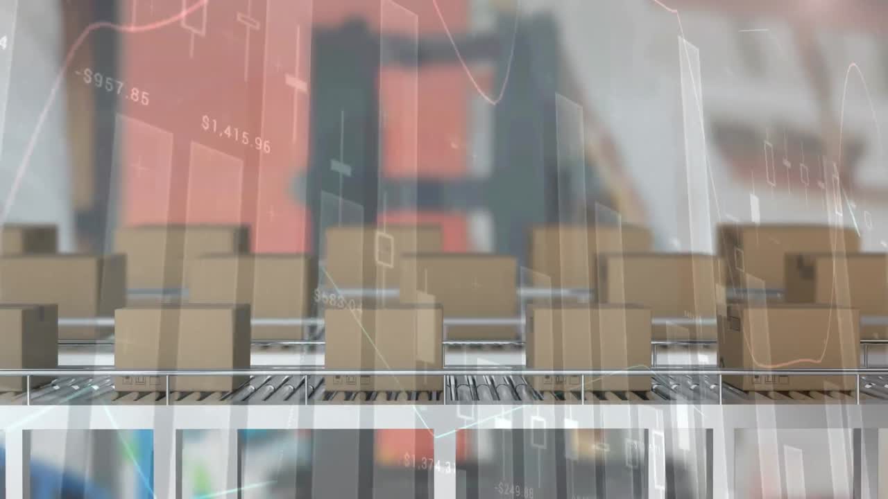 Animation of statistics and data processing over cardboard boxes on conveyor belts