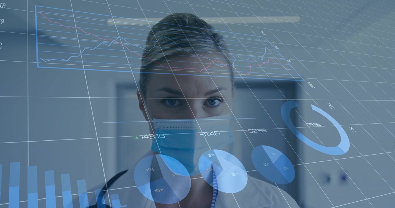 Clínica leyendo datos de pacientes, levantando la mirada, inspeccionando gráficos HUD, con un estetoscopio visible.