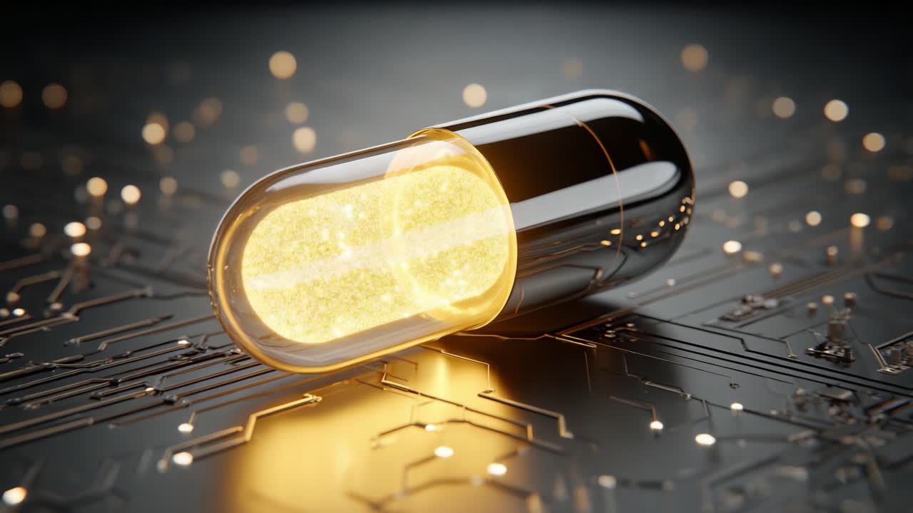 Una Rappresentazione Affascinante di una Capsula Futuristica su un Circuito Stampato, che Fonde Tecnologia e Medicina in una Straordinaria Esposizione Visiva