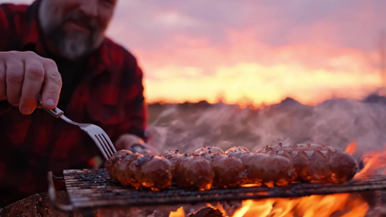 Gustare salsicce alla griglia su un fuoco caldo al tramonto mentre il sole cala, creando un'esperienza culinaria all'aperto perfetta