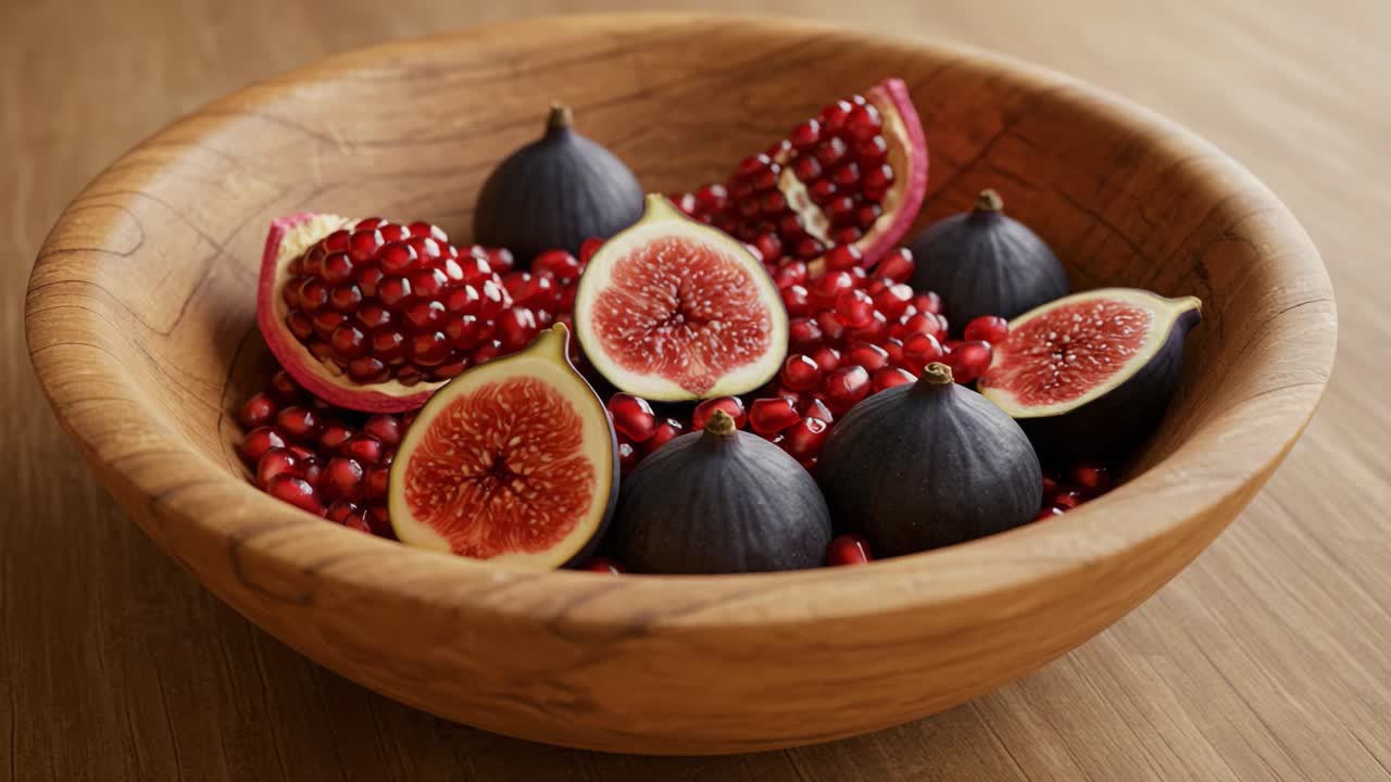 En smukt anrettet skål med friske figner og granatæblekerner, der fremhæver frugtens levende farver og teksturer i naturlige omgivelser.