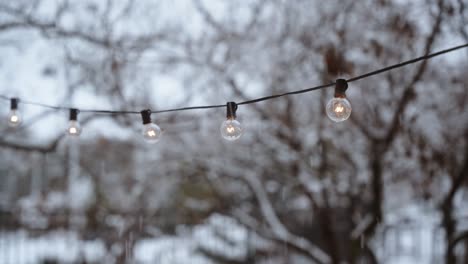 christmas lights outside of a home on a snowy day during the middle of winter as snow is falling