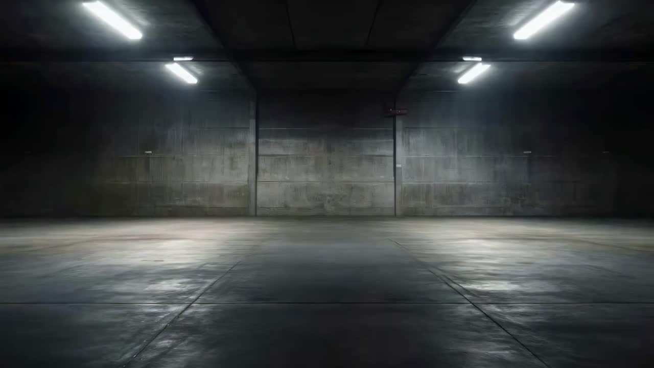 Wide-angle shot of an empty, dimly lit industrial garage. The video captures a minimalist, moody