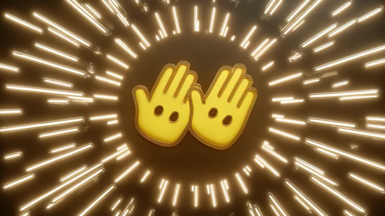 A dynamic visual representation of the waving hands emoji surrounded by radiant bursts of light, symbolizing excitement and celebration in a vibrant digital atmosphere