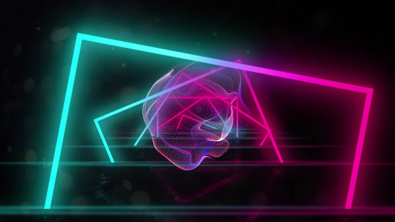 Translucent wireframe blob responding to neon pulse, morphing and rotating to showcase neon studio