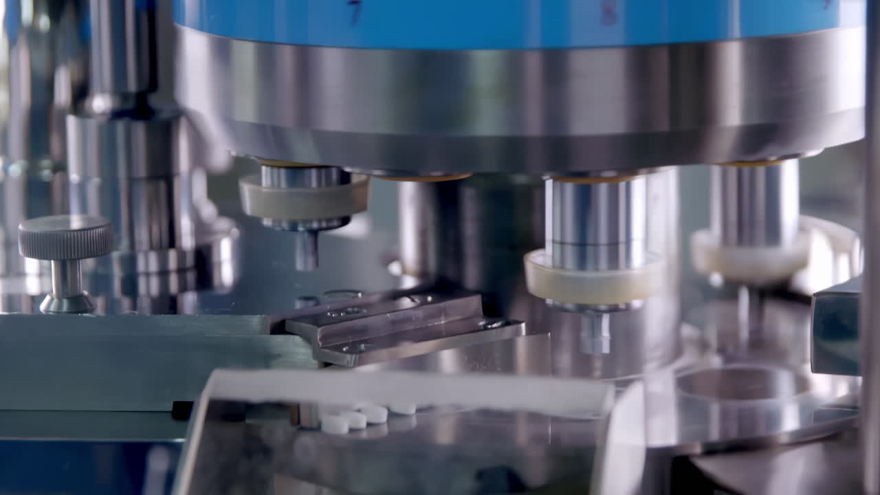 Pharmaceutical production line factory with pills tablets or vitamins manufacturing highlighting precision and mass production.