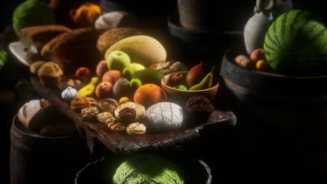 food-table-with-wine-barrels-and-some-fruits,-vegetables-and-bread