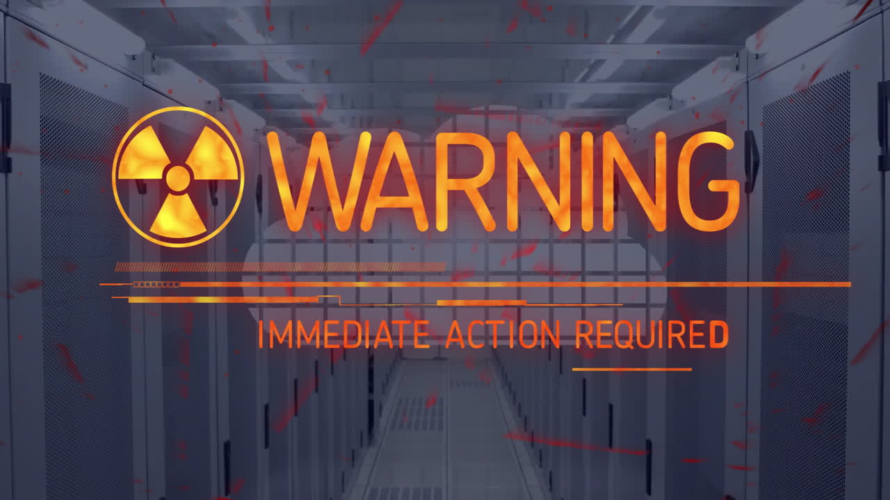In server room, warning text and radiation symbol overlay on animation