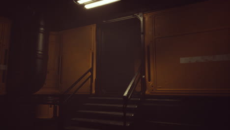 dark sci-fi corridor with stairs and metal doors