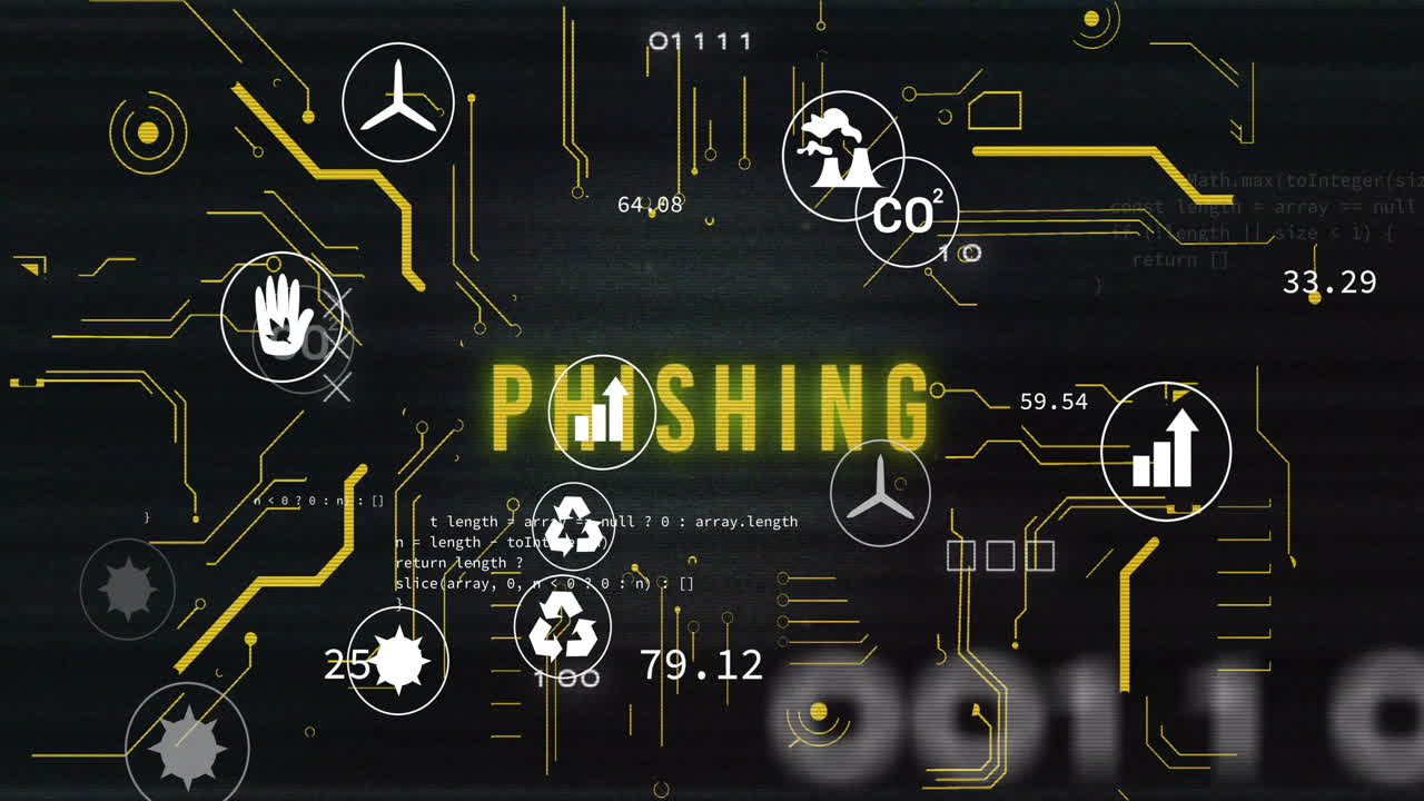 Animation of eco icons and data processing over phishing text