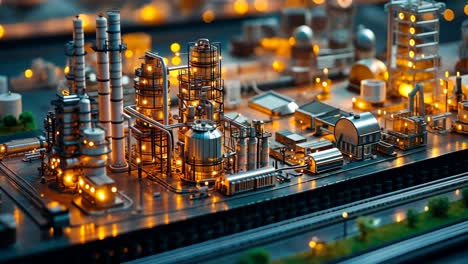 industrial model with illuminated structures at night