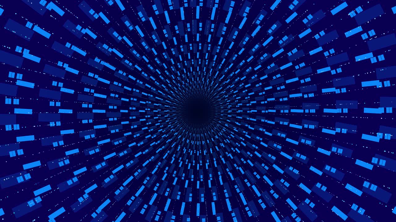 Visual tunnel animation radial symmetry glowing digital blocks converging center point geometric