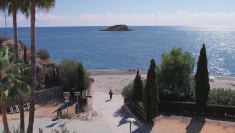 a woman walks on a paradisiacal beach with an island and palm trees