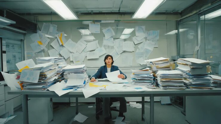 Overwhelmed office worker with piles of paperwork
