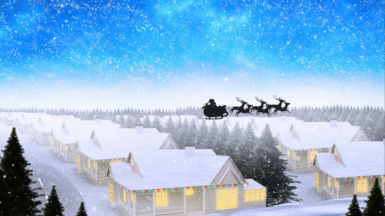 animación de santa claus en trineo con renos sobre la nieve que cae en la ciudad de invierno