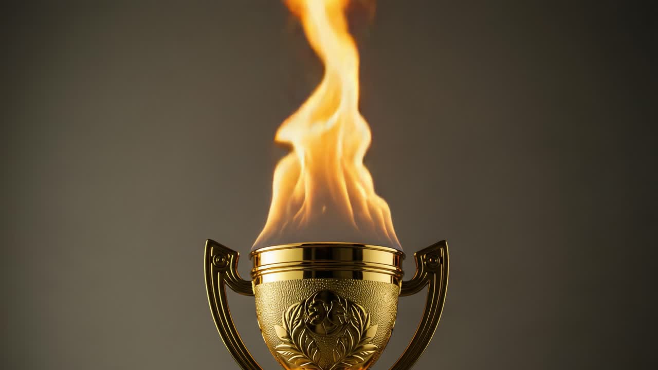 A Striking Golden Trophy with a Vibrant Flame Erupting from Its Top, Symbolizing Achievement and Celebration in a Dramatic Display of Certainty and Enthusiasm