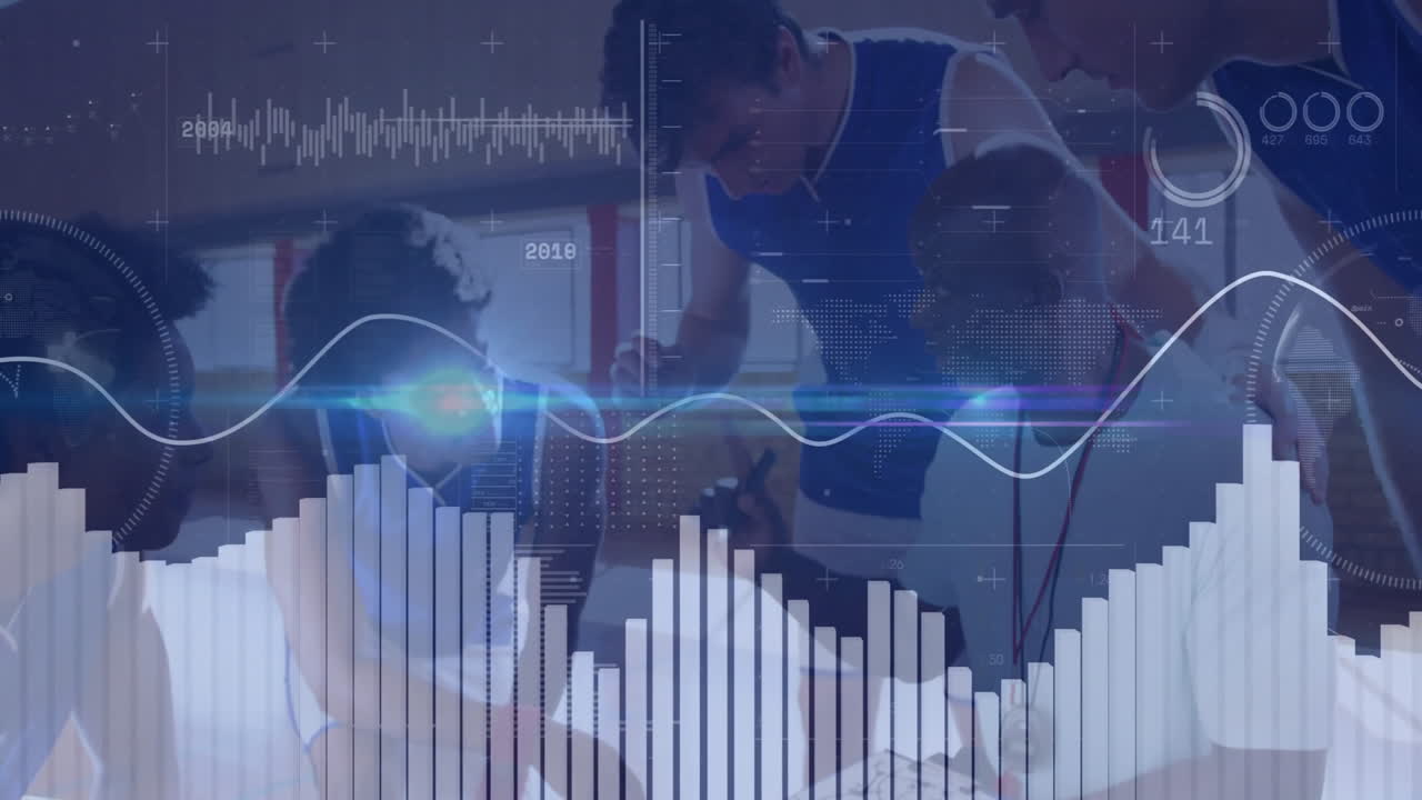 Sports team leaning over strategy board in gym mixing technology charts and waveform analytics