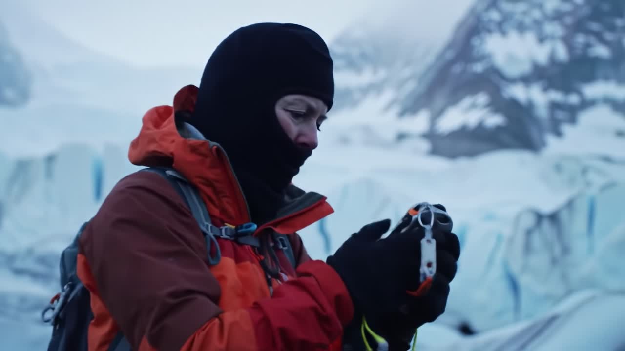 An explorer in warm gear examines equipment in a remote Arctic location. The backdrop features majestic glaciers under a twilight sky, highlighting the beauty of nature in a cold environment.