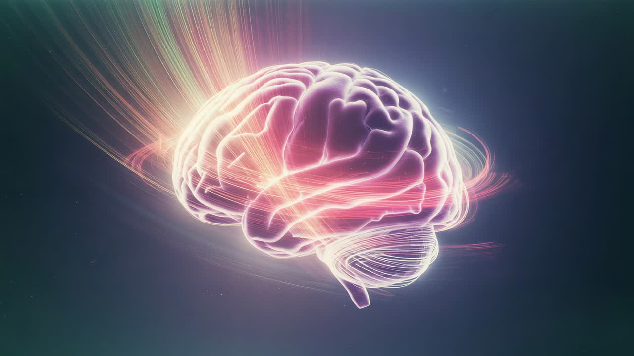 Rendering in 3D di un modello di cervello che ruota nel vuoto digitale, con un anello multicolore che si forma ed emana fasci di luce
