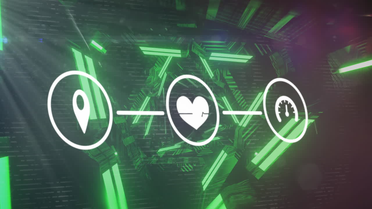 녹색 네온 터널에 대한 디지털 아이콘 네트워크의 애니메이션이 원활한 패턴으로 회전합니다.