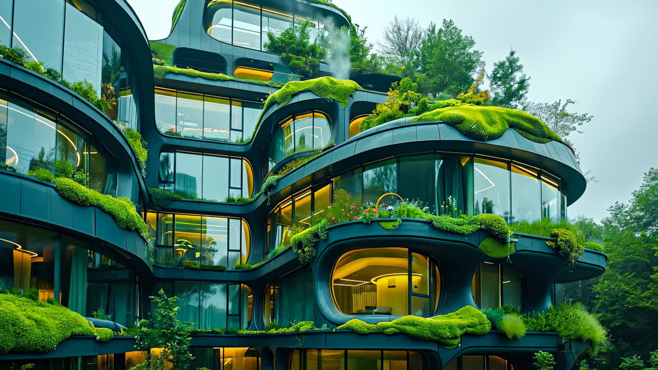 Moderne bygning med grønt tag. En unik bygning har buede strukturer med planter på tagene, der er placeret i et byområde