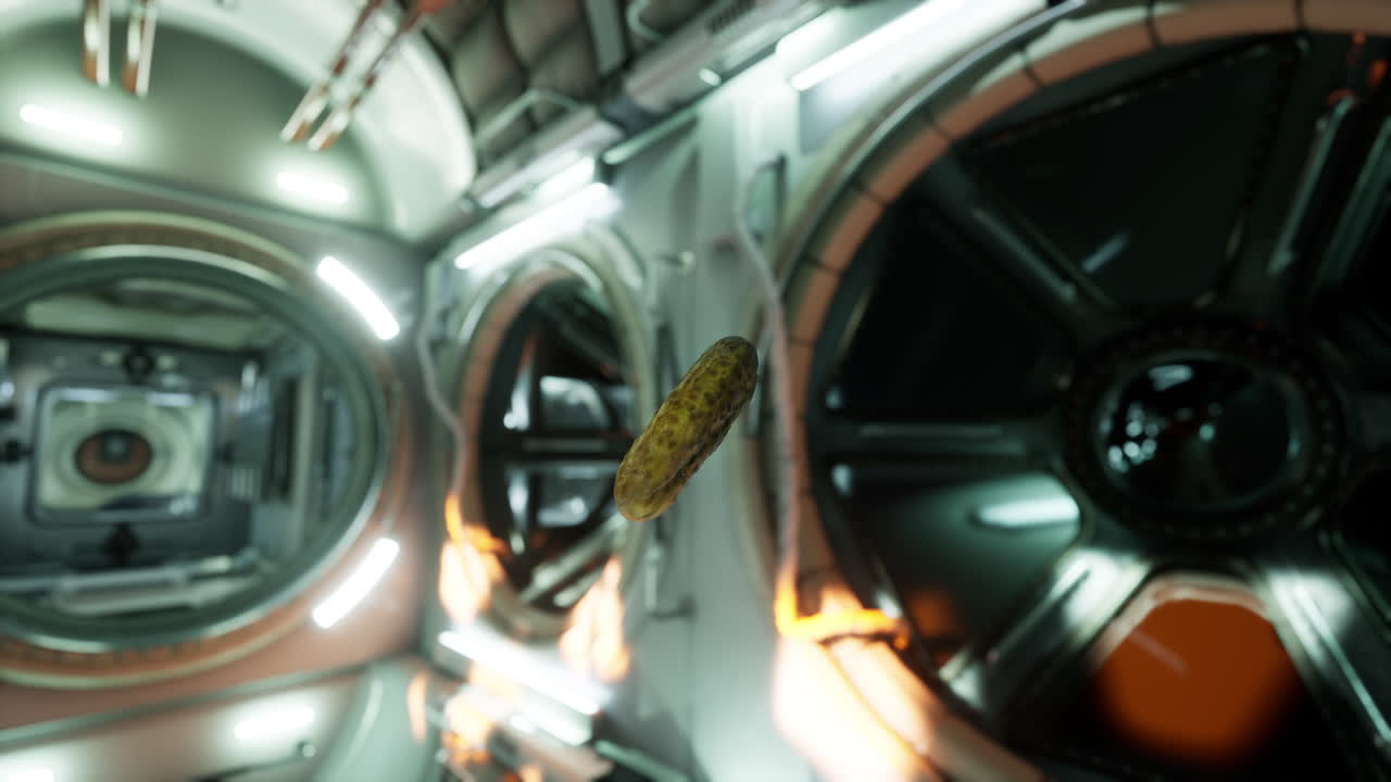 marinated pickled cucumber floating in internation space station