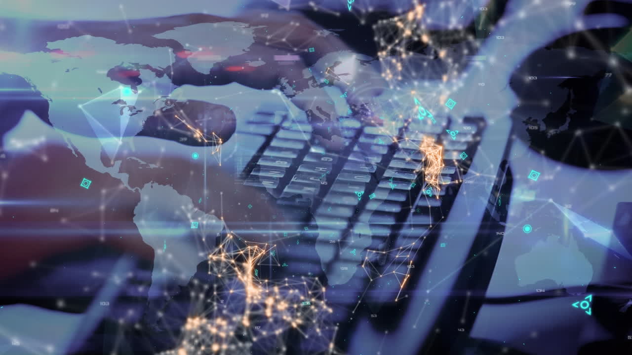 컴퓨터를 사용하는 사람의 중간 섹션에 대한 세계 지도에 대한 연결 네트워크