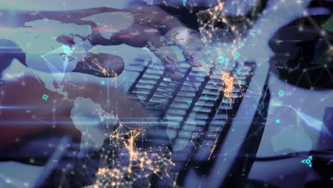 red de conexiones sobre el mapa del mundo contra la sección media de la persona que utiliza la computadora
