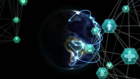 animation of network of medical icons and blue light trails over spinning globe on black background