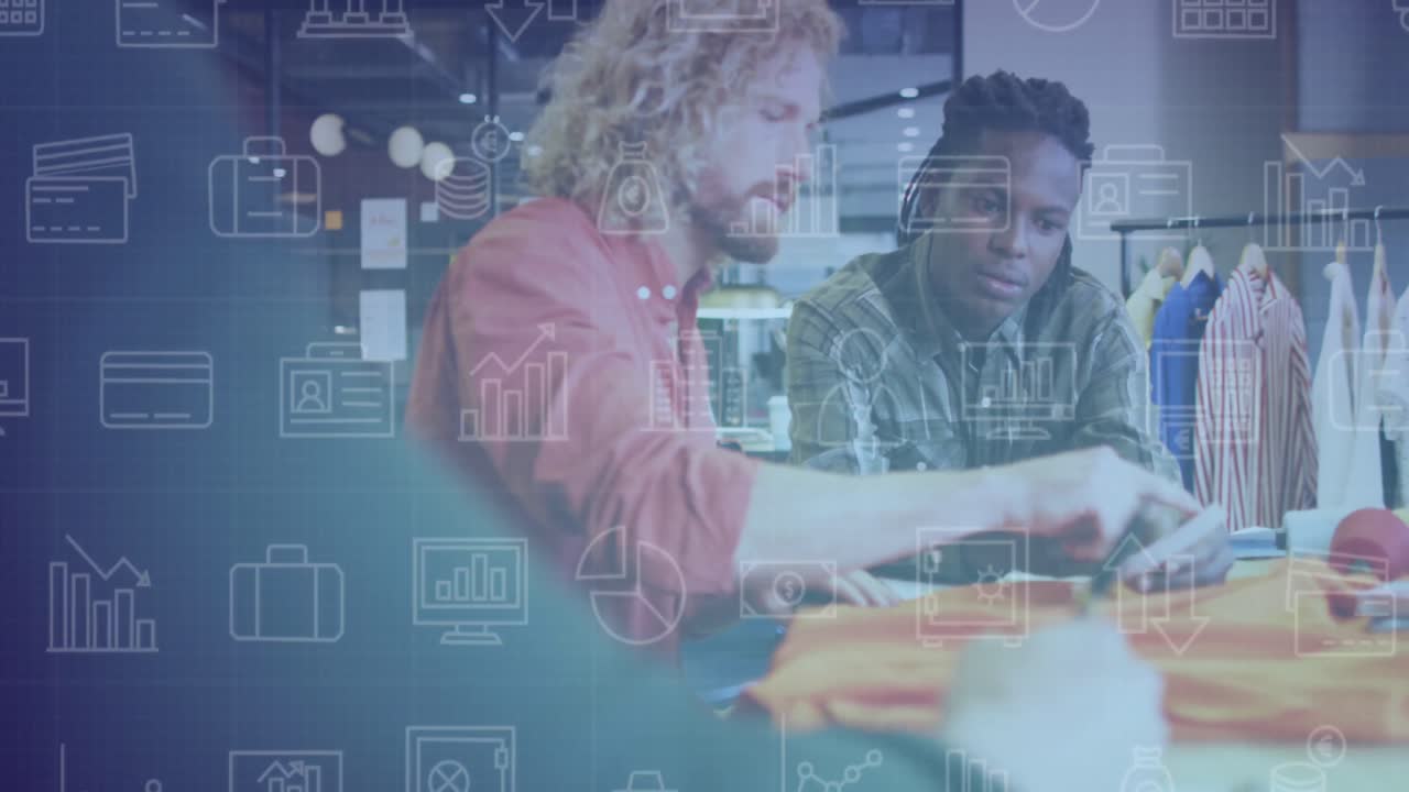 Animation of data processing over diverse business people working in office