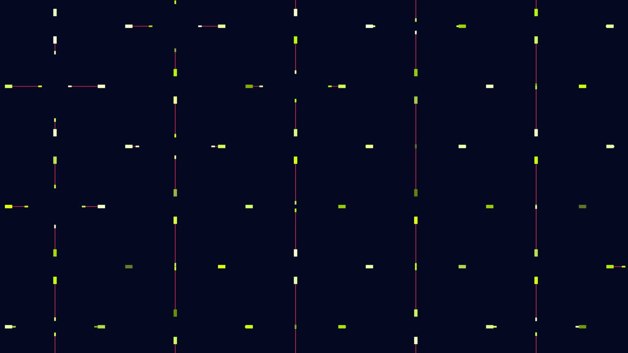 A visually striking abstract composition featuring a grid of intersecting lines formed by small squares, some differing in color, set against a dark background