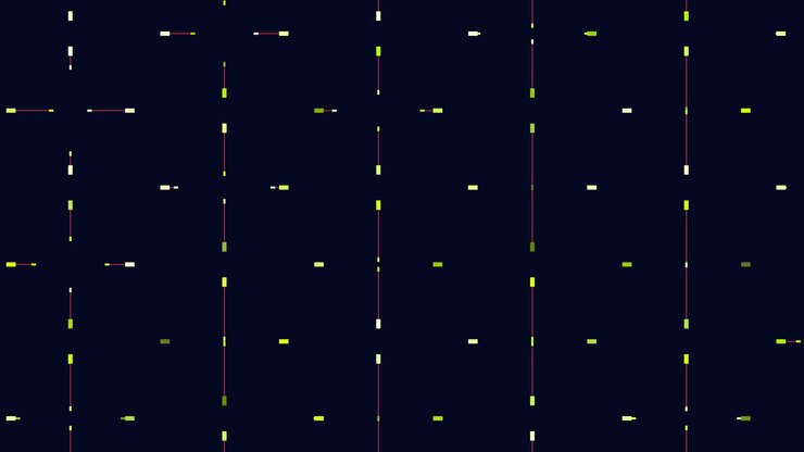 A visually striking abstract composition featuring a grid of intersecting lines formed by small squares, some differing in color, set against a dark background