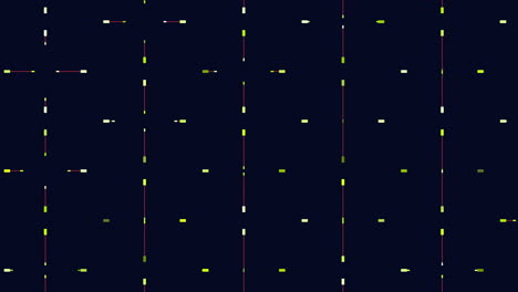 a visually striking abstract composition featuring a grid of intersecting lines formed by small squares, some differing in color, set against a dark background