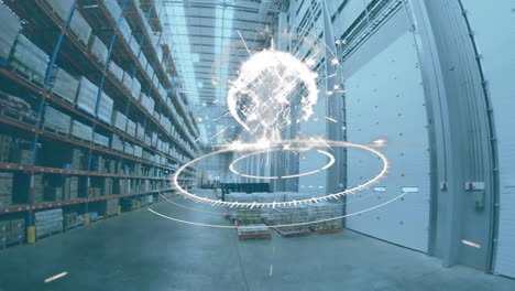animation of scope scanning and globe over warehouse